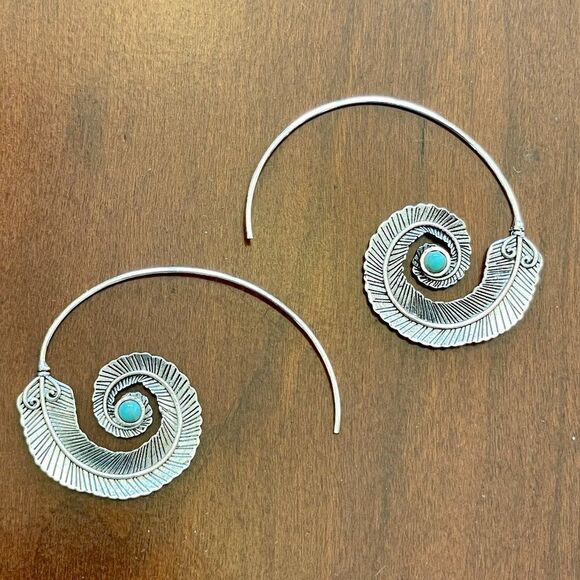 Medium Silver Feather Spiral Earrings in Red or Turquoise Blue #686 - Picture 7 of 11